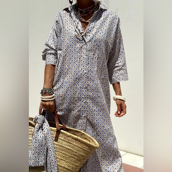 Tied Button Up Three-Quarter Sleeve Dress